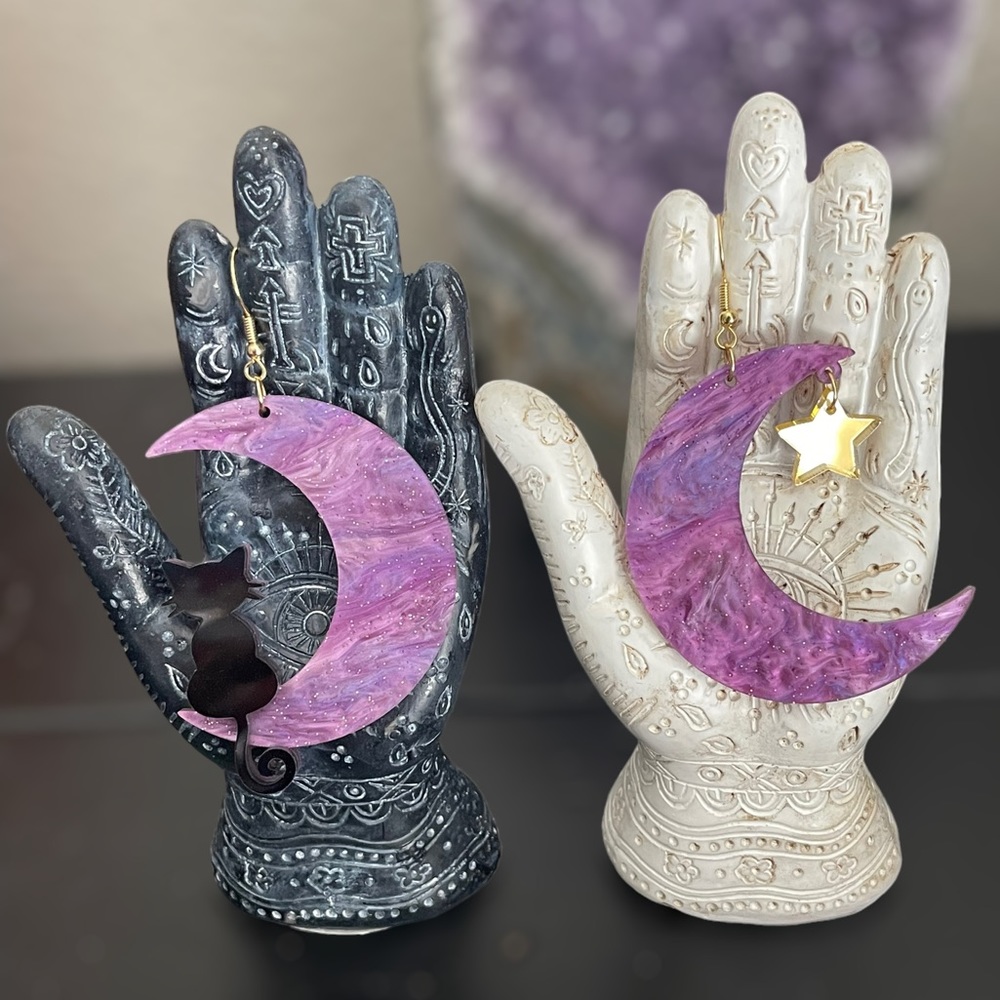 Witchy Moon Black Cat Star Acrylic Glitter Earrings